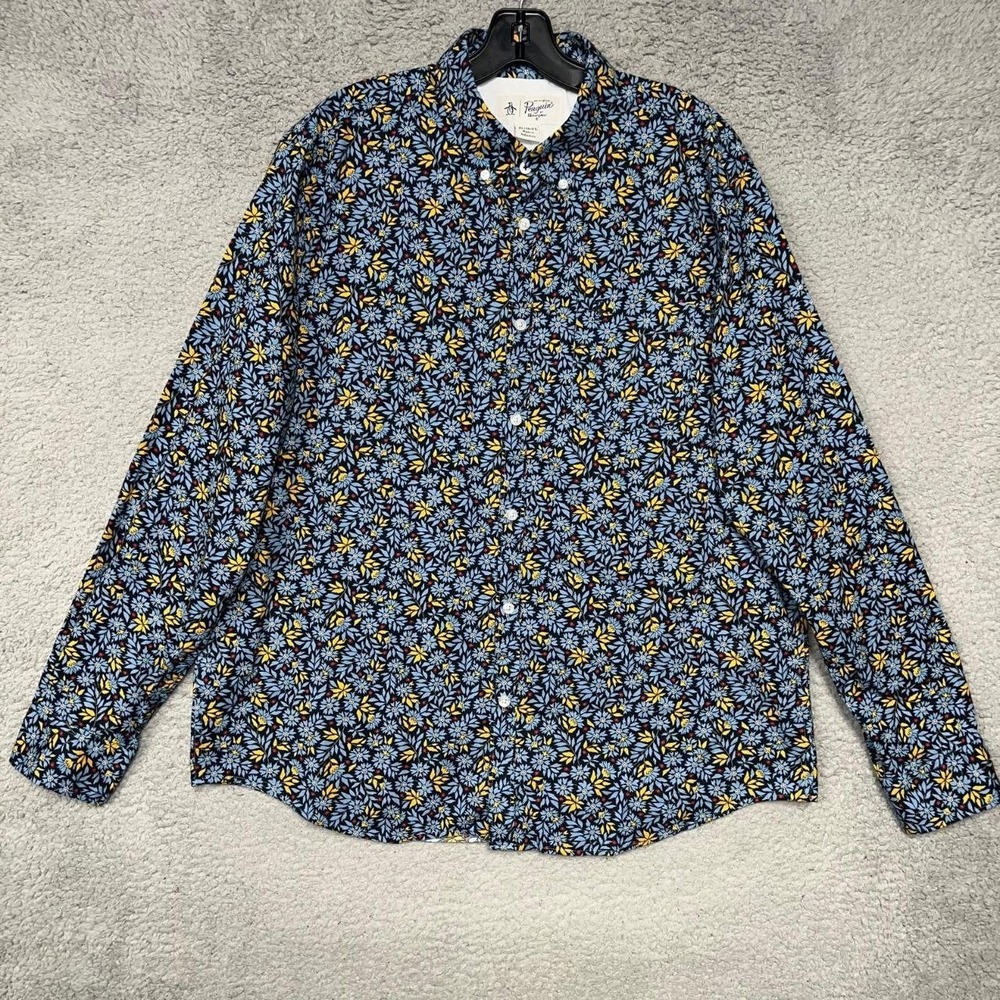 Penguin by Munsingwear Shirt Men XL Blue Yellow Floral AOP Button Up Long Sleeve